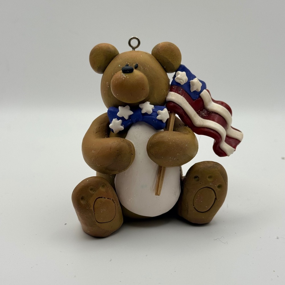 Patriotic Polymer Clay Teddy Bear Ornament with‎ American Flag and Star Bow Tie